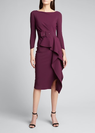 Afissa Boat-Neck Long-Sleeve Belted Ruffle Dress