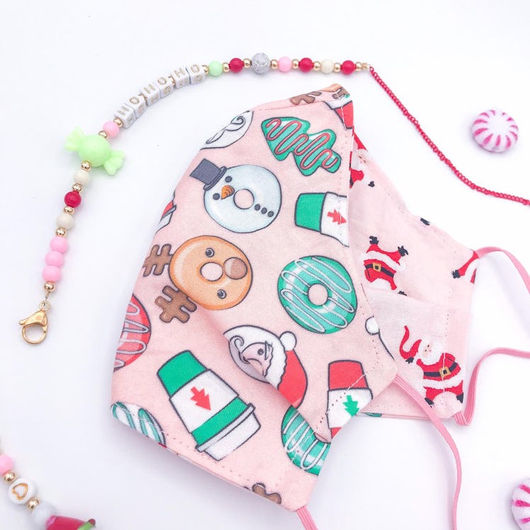 Christmas Holiday Coffee Donuts Santa Fabric Reversible Face Mask w/Adjustable Elastic or Mask Chain