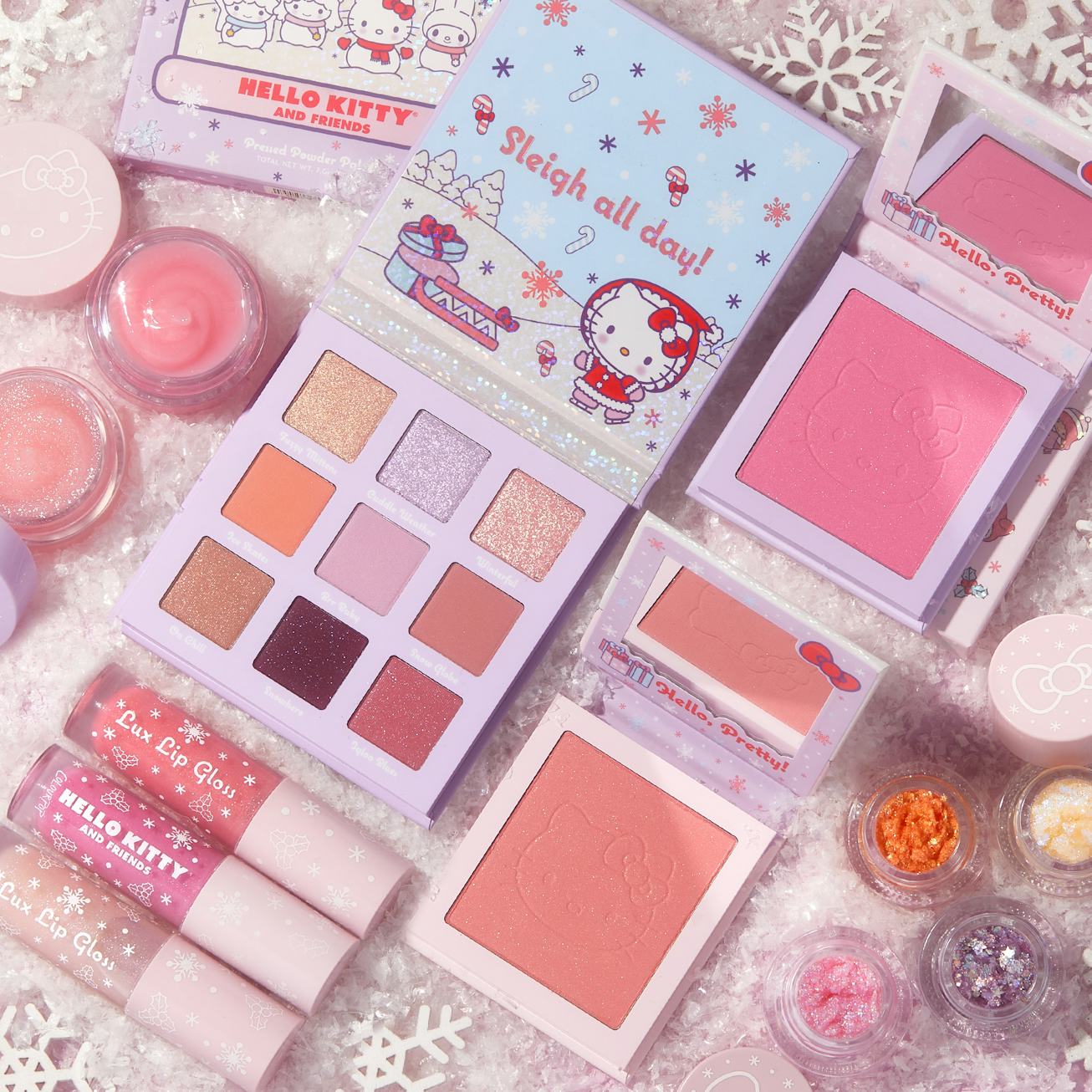 The ColourPop x Hello Kitty collection featuring an eyeshadow palette, blush, and lip gloss