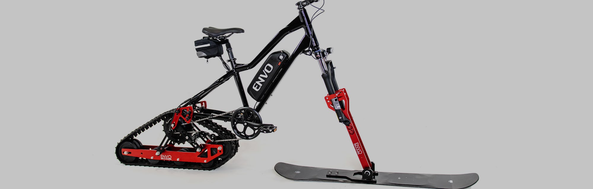Envo's conversion kit turns a regular mountain bike into an electric snowbike.