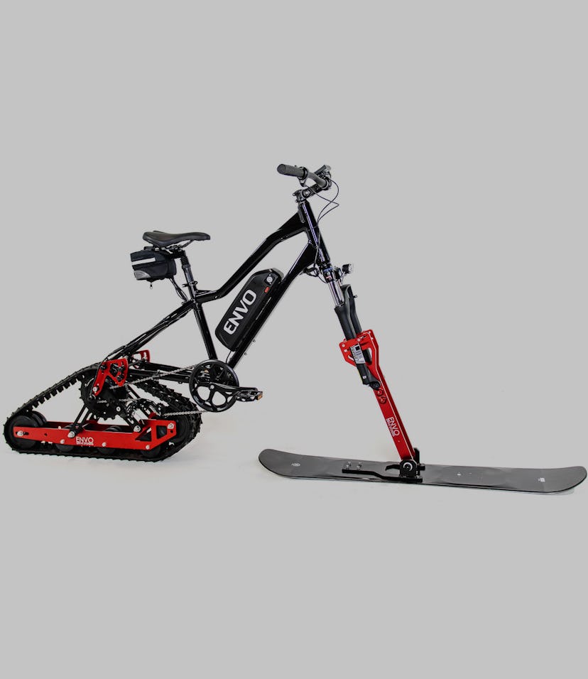 Envo's conversion kit turns a regular mountain bike into an electric snowbike.