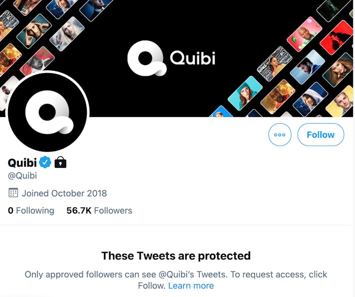 Screenshot of Quibi's protected Twitter page.