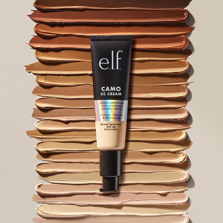 e.l.f. Cosmetic's Camo CC Cream on top of swatches of all of its 20 shades.