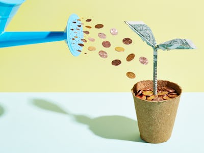 Origami dollar seedling being watered with coins