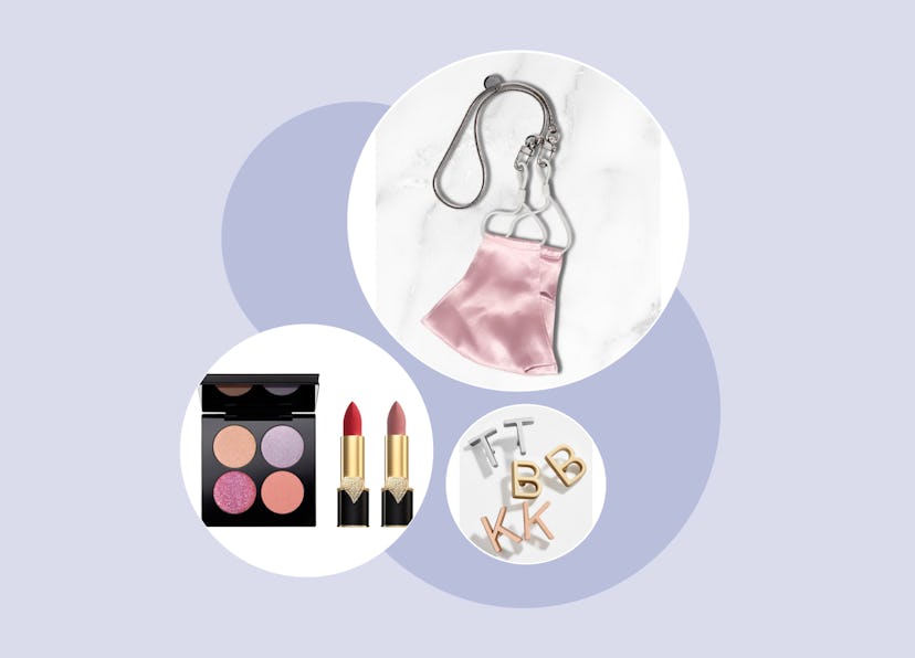 A collage with stocking stuffer items like an eyeshadow palette, lipsticks, and stud earrings