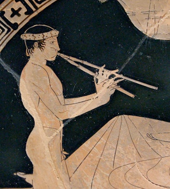 Youth playing the aulos, detail of a banquet scene. 