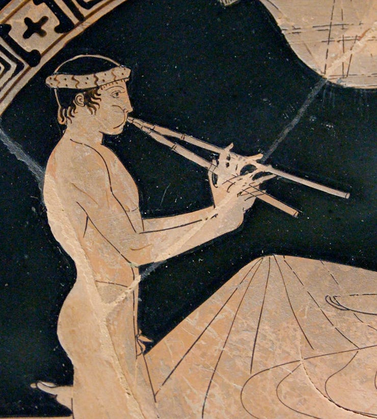 Youth playing the aulos, detail of a banquet scene.