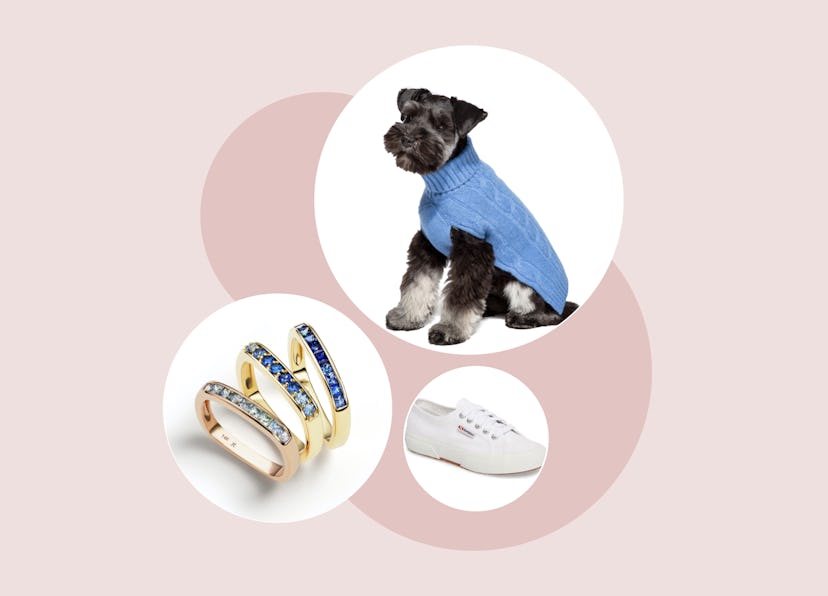 A collage of last-minute holiday gifts: cashmere dog sweater, Cirque stacking bands with blue sapphi...