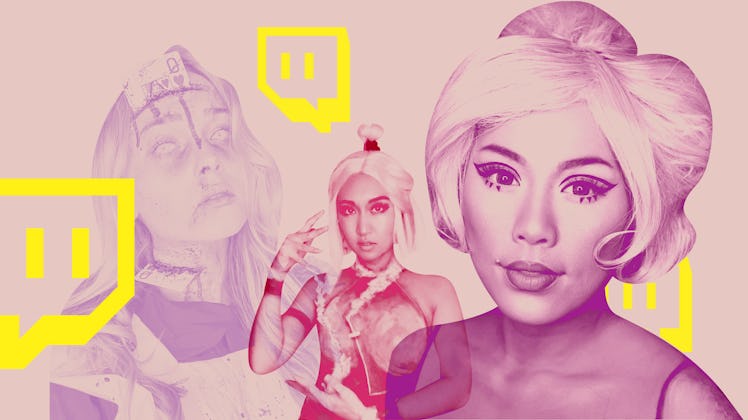 A collage with Twitch female streamers and a Twitch logo.