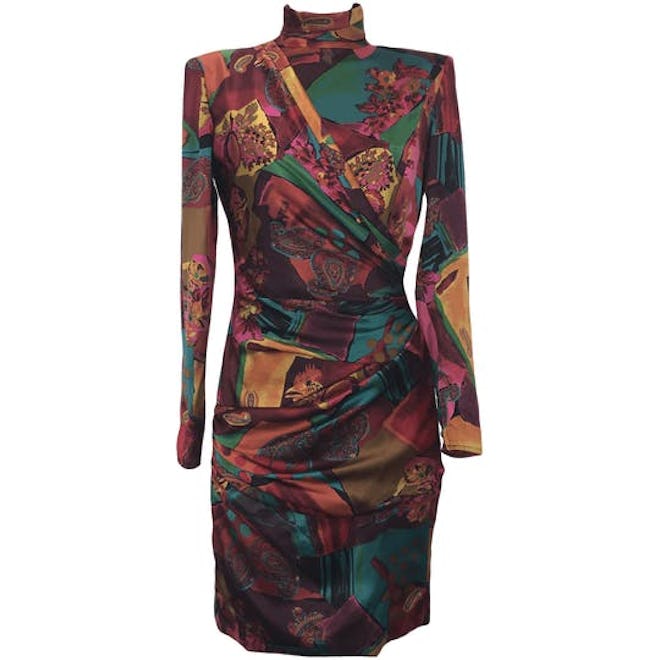 '80s Floral and Paisley Mock-Neck Fitted Dress