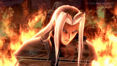 Sephiroth surrounded by flames in the Smash Ultimate Sephiroth release