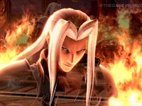 Sephiroth surrounded by flames in the Smash Ultimate Sephiroth release