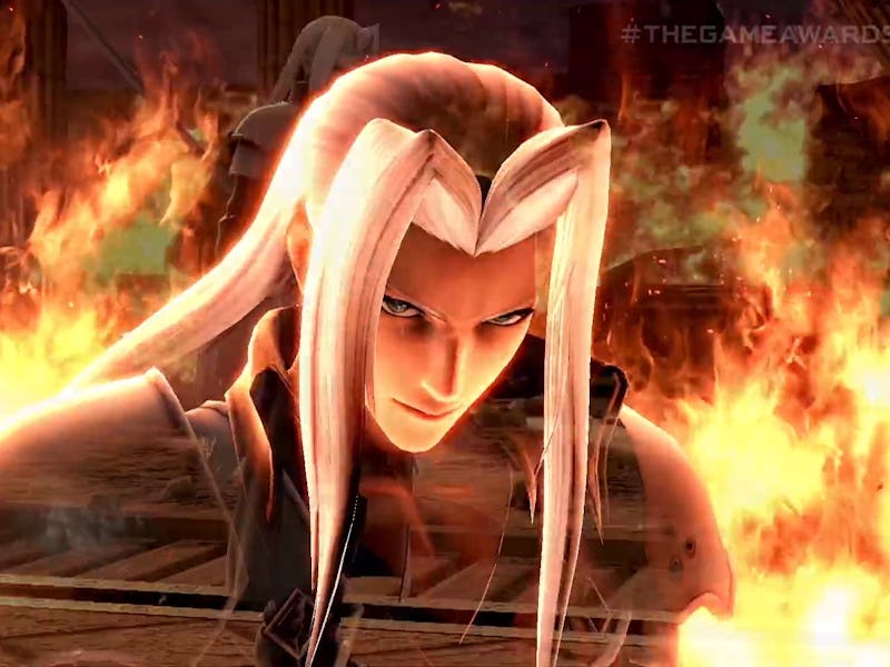 Sephiroth surrounded by flames in the Smash Ultimate Sephiroth release