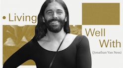 'Queer Eye' Jonathan Van Ness smiling in a black shirt and the text 'Living Well With (Jonathan Van ...