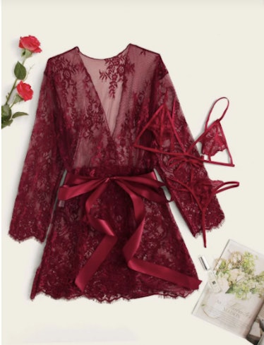 3pack Floral Lace Lingerie Set & Belted Robe