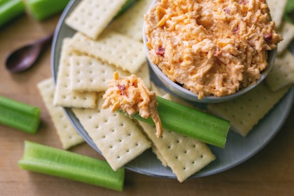 Pimento cheese bowl surrounded with crackers