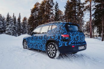 Prototype of a Mercedes-Benz EQB electric SUV in a snow environment. 