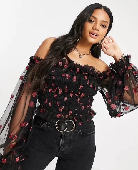 Lace and beads bardot ruffle top deals