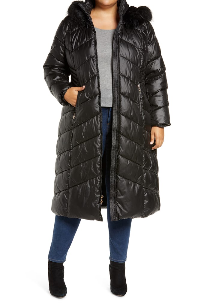 Long Quilted Parka with Faux Fur Trim