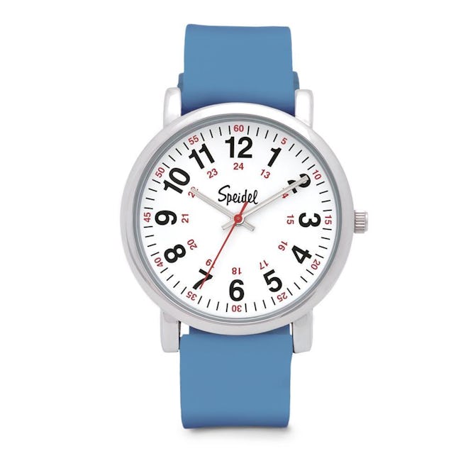 a watch with blue silicone band and red second hand