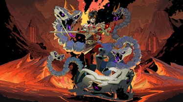 Zagreus standing with four white snakes