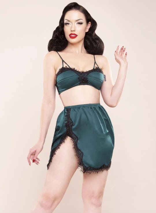 Satin Lace Trim Triangle Bralette And High Waist Booty Shorts – Dolls Kill