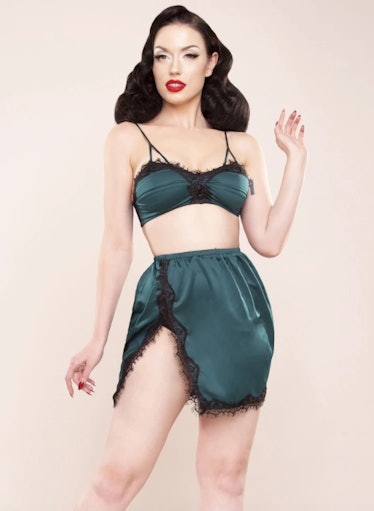 Bettie Page Satin And Lace Bralette + Slip Skirt