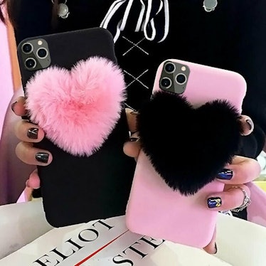 Fuzzy Heart iPhone 12 Pro Mini Max iPhone 7 8 11 Plus Xr Xs TPU Frame Protective Case Cover BlackPin...