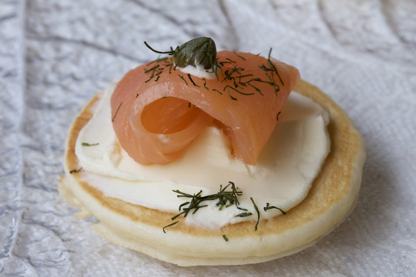 Smoked salmon piece on a crepe