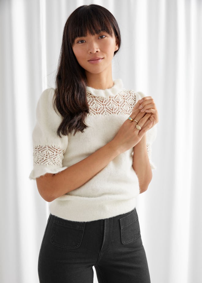 Ruffled Puff-Sleeve Knit Top