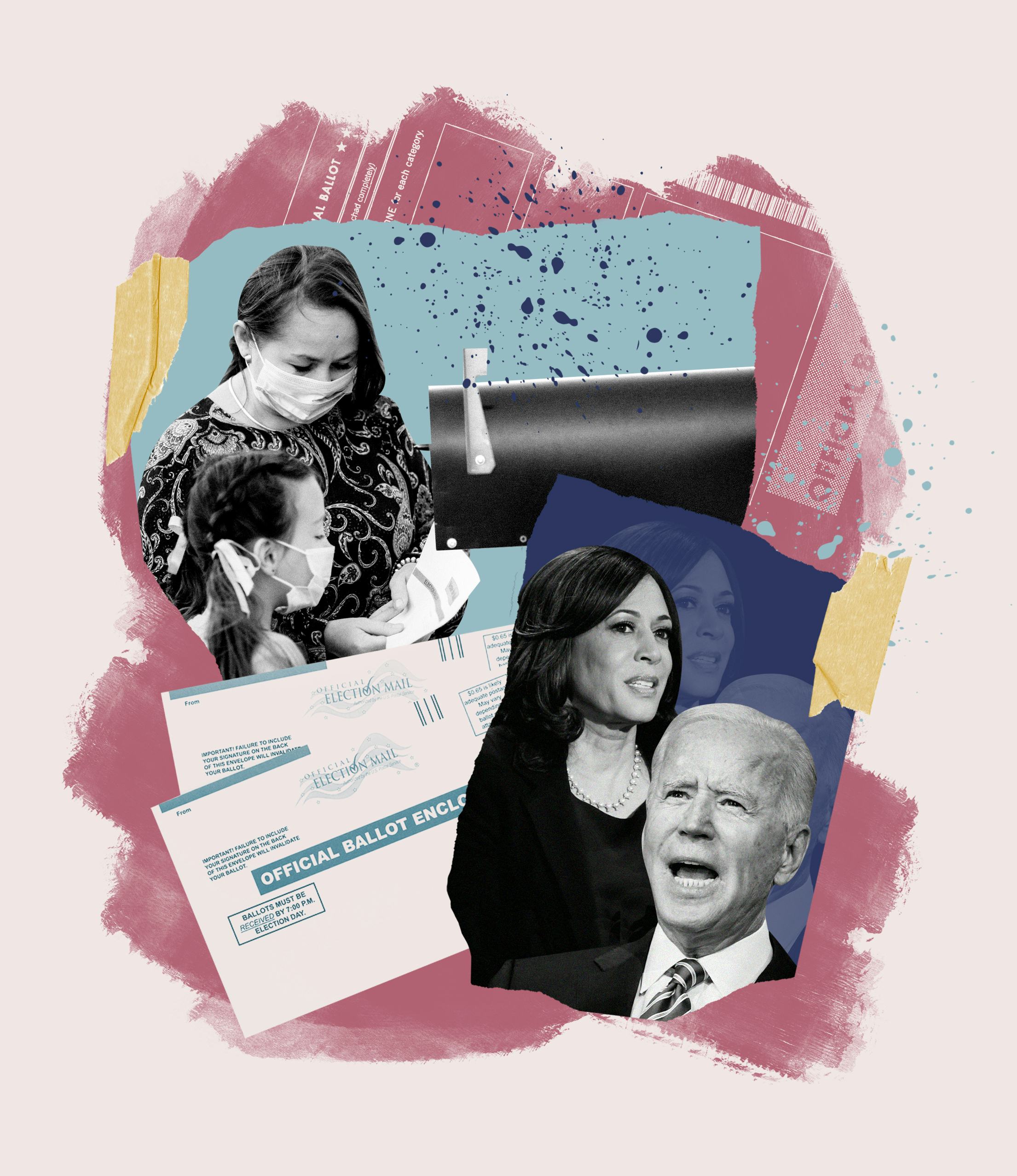 A collage illustration featuring a masked mom and daughter with a mail box, mail-in voting forms, an...