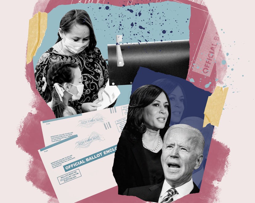 A collage illustration featuring a masked mom and daughter with a mail box, mail-in voting forms, an...