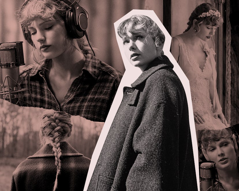 Scenes from Taylor Swift's Evermore songs in a black and white collage 