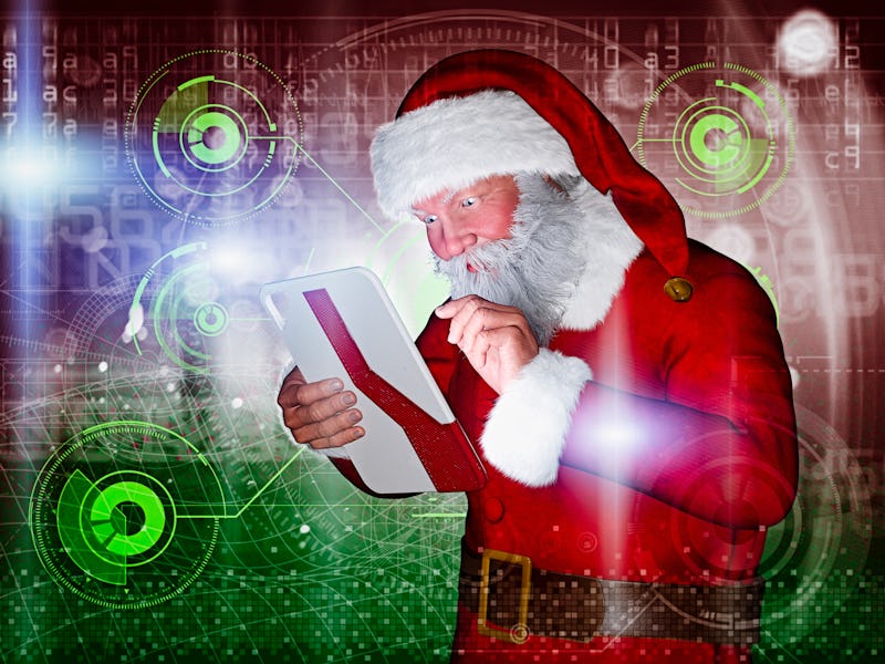 creepy santa holds an ipad in a dystopian future