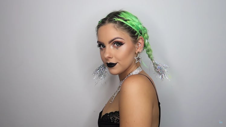 Sophie Hannah's New Year's Eve hairdo, which includes braids and tinsel.