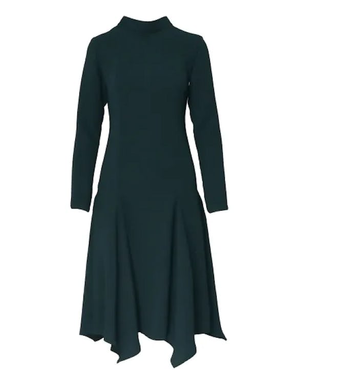 Flared Green Midi Dress With High Neck