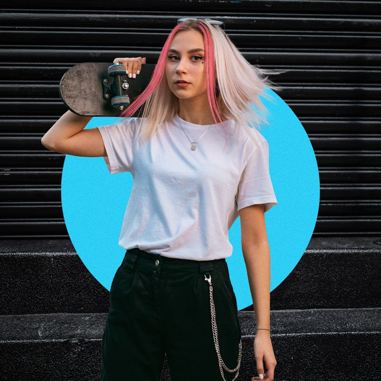 A blonde girl posing in a white Egirl shirt