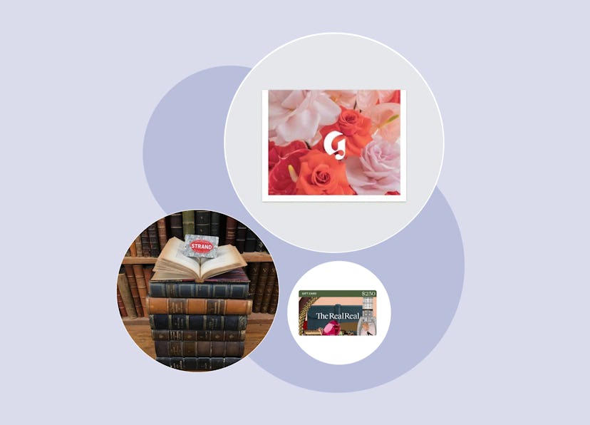A collage photo with The Real Real, The Strand and Glossier gift cards