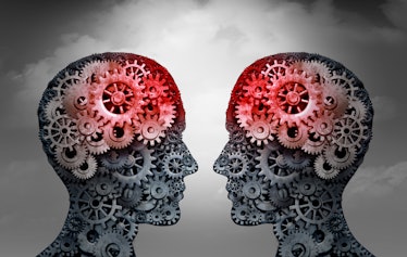 Illustration of two human silhouettes face to face with gears in their heads and clouds in the backg...