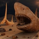 Megalodon desert is a 3D surreal concept image featuring the largest sharks that lived on Earth duri...