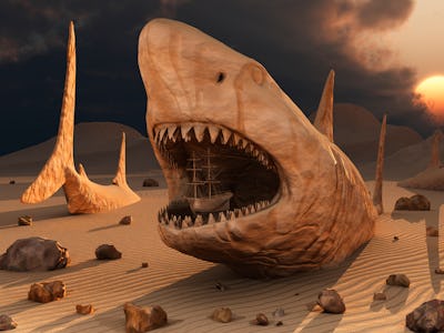 Megalodon desert is a 3D surreal concept image featuring the largest sharks that lived on Earth duri...