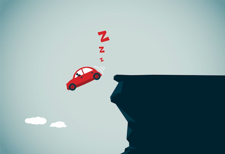 Illustration of car driving off cliff with driver asleep at the wheel