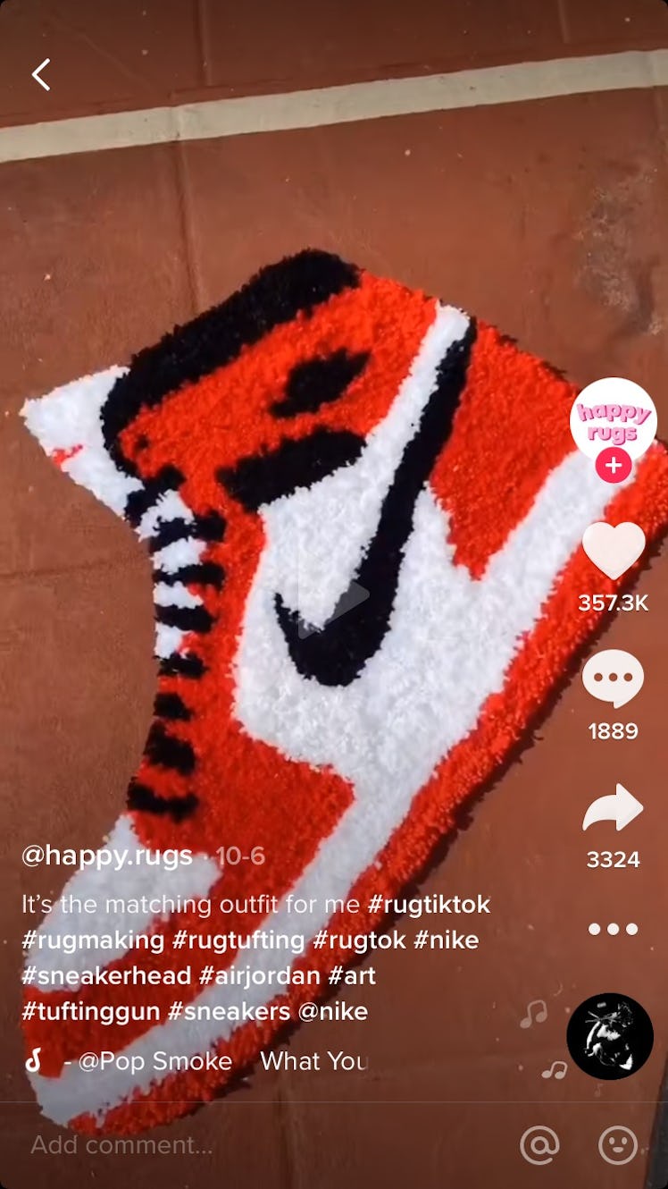 @happy.rugs makes a sneaker shaped rug on TikTok that's perfect for sneaker heads and hypebeasts ali...