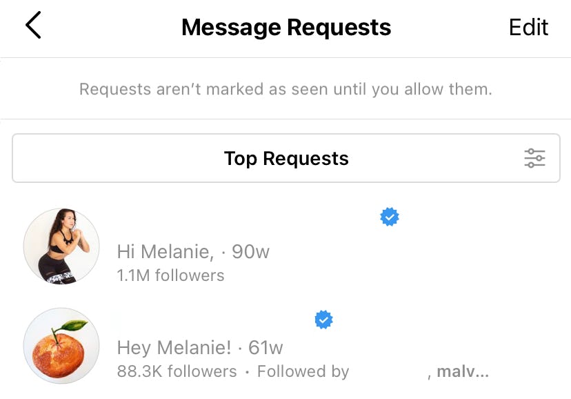 Screenshot of Message Requests on Instagram