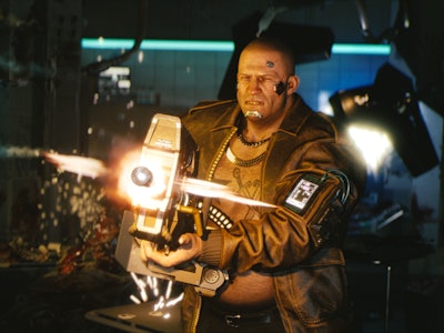 A character from cyberpunk 2077 holding and firing a gun