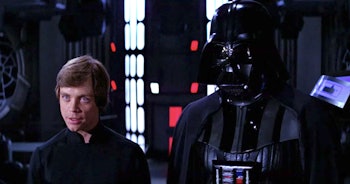 Luke and Darth Vader face Emperor Palpatine in Return of the Jedi.