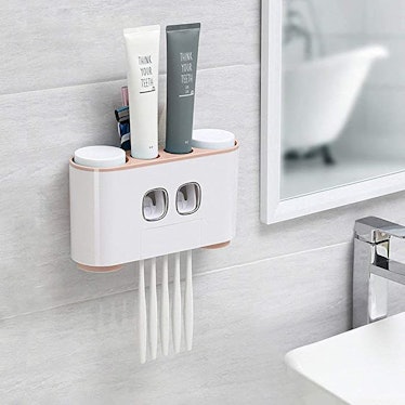 WREWING Multi-Function Toothpaste Dispenser and Dust-Proof Toothbrush Holder