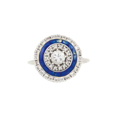 Orbicular Diamonds with Blue Enamel on 18 Karat White Gold Ring (1960s)