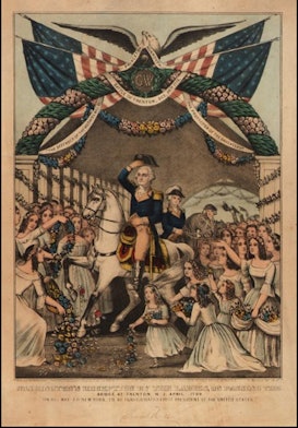 A lithograph of Washington’s reception by ladies, on passing the bridge at Trenton, N.J., April 1789...