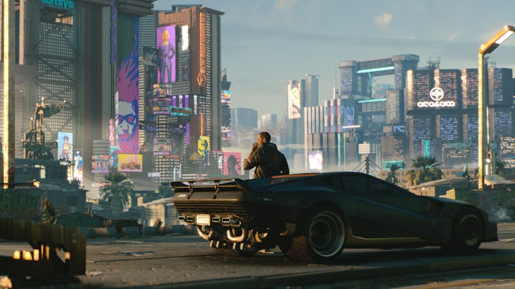 A character smoking a cigarette in front of his car looking at the city of cyberpunk 2077